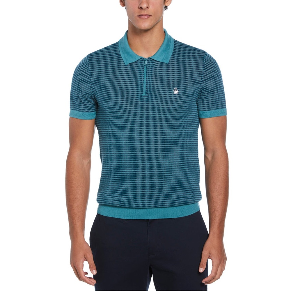 Original Penguin ALL OVER JACQUARD 1/4 ZIP SWEATER POLO SHIRT IN TEAL
